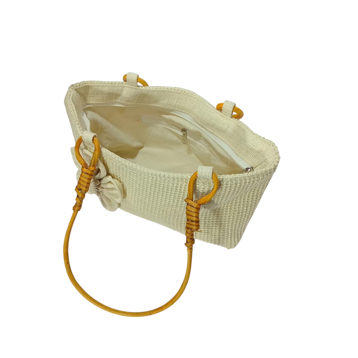 HASTASILPA Hand bag made of Dobby Jute | type of Half Moon Bag | Cane Handel with Handcrafted designed Flower-03