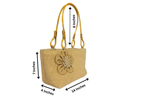 HASTASILPA Hand bag made of Dobby Jute | type of Half Moon Bag | Cane Handel with Handcrafted designed Flower-02