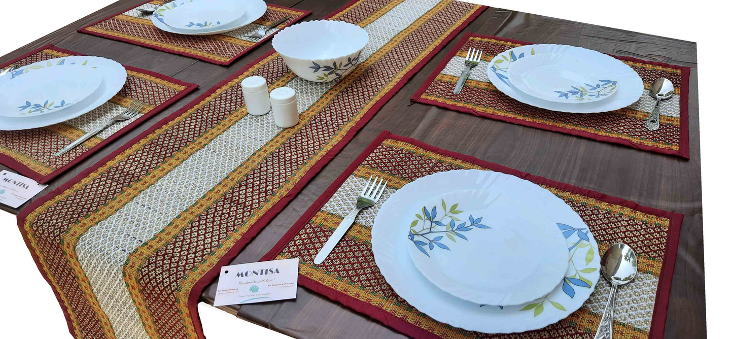 Hastasilpa Handmade Madurkathi Grass Placemats – Organic, Heat Resistant, Eco-Friendly Table Mats (Set of 6 Placemats + 1 Runner, Beige, 12x18" & 12x72")-T3-04