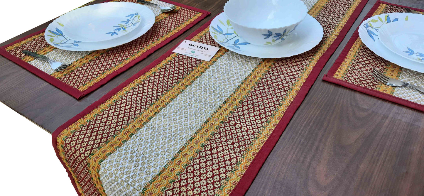 Hastasilpa Handmade Madurkathi Grass Placemats – Organic, Heat Resistant, Eco-Friendly Table Mats (Set of 6 Placemats + 1 Runner, Beige, 12x18" & 12x72")-T3-04