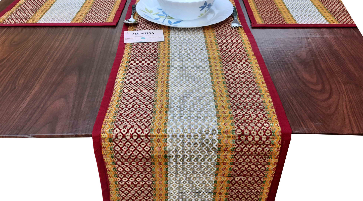 Hastasilpa Handmade Madurkathi Grass Placemats – Organic, Heat Resistant, Eco-Friendly Table Mats (Set of 6 Placemats + 1 Runner, Beige, 12x18" & 12x72")-T3-04