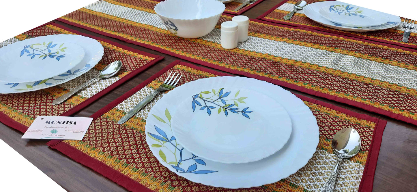 Hastasilpa Handmade Madurkathi Grass Placemats – Organic, Heat Resistant, Eco-Friendly Table Mats (Set of 6 Placemats + 1 Runner, Beige, 12x18" & 12x72")-T3-04