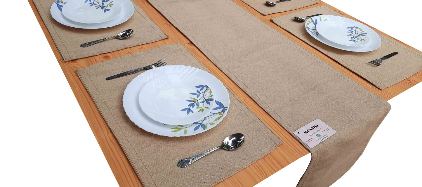 Hastasilpa Natural Jute Placemats – 12x18 Inch with a Runner (12x72 inches) Heat-Resistant Burlap Table Mats for Farmhouse or Rustic Decor (Set of 6)