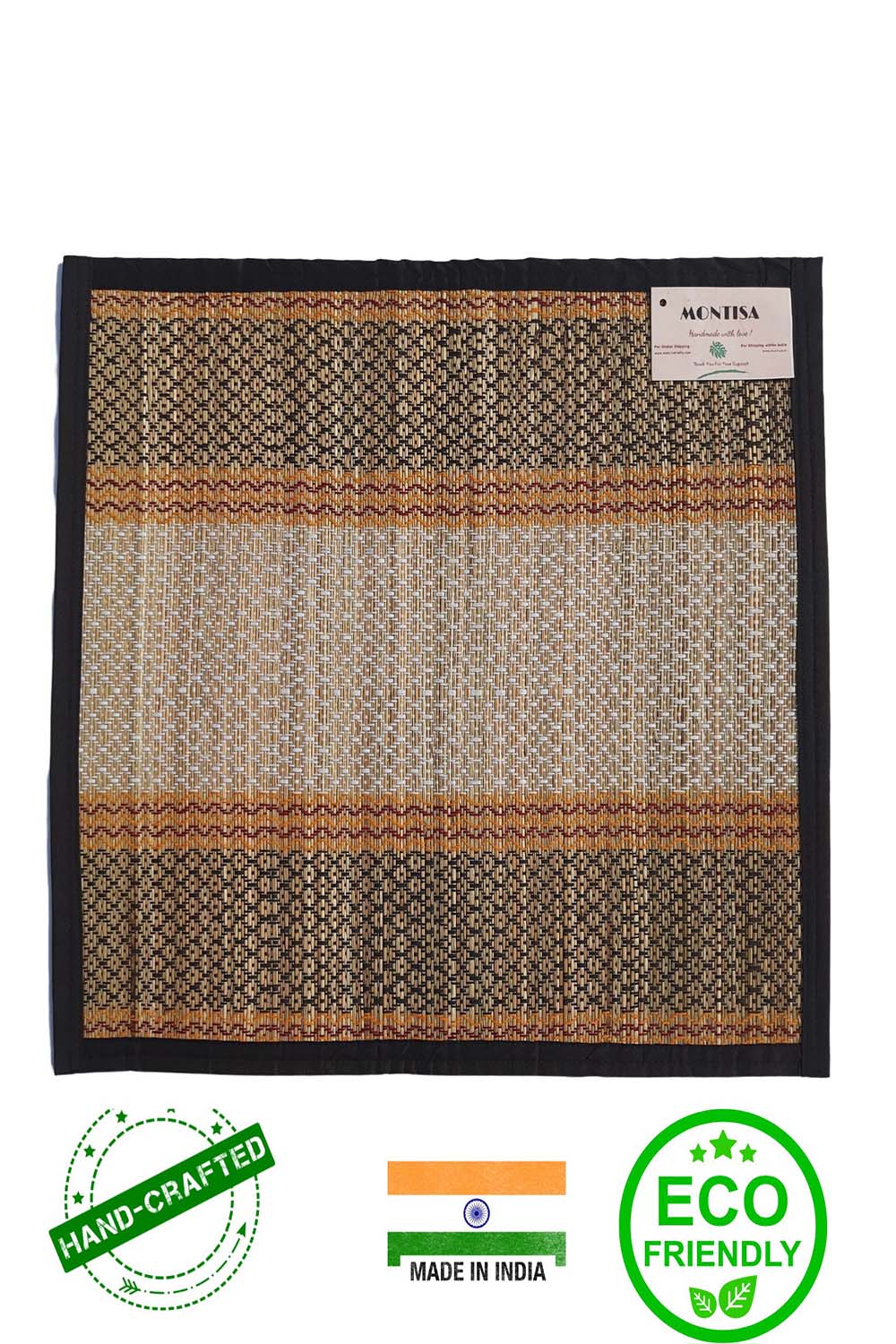 Close-up of Madur grass weaving pattern on handmade pooja aasan