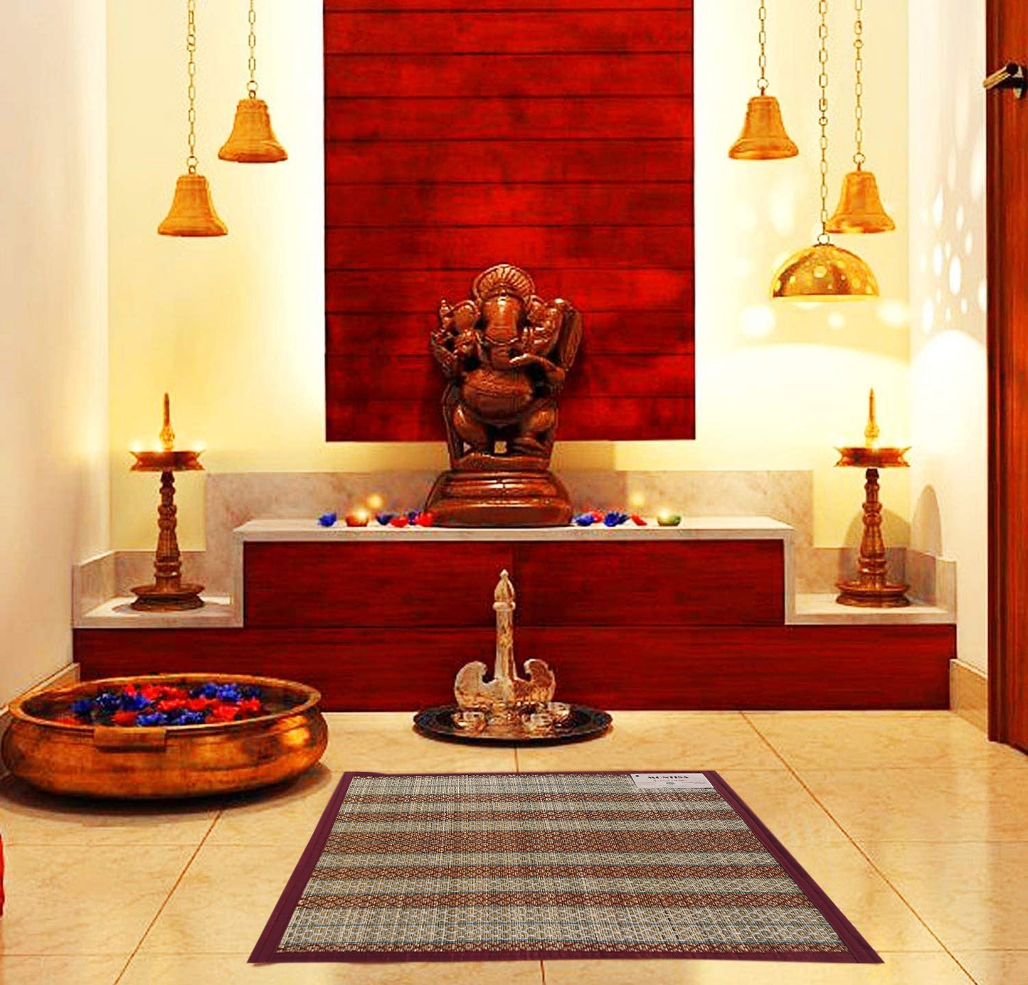 Natural pooja aasan made of Madurkathi grass displayed on a white background