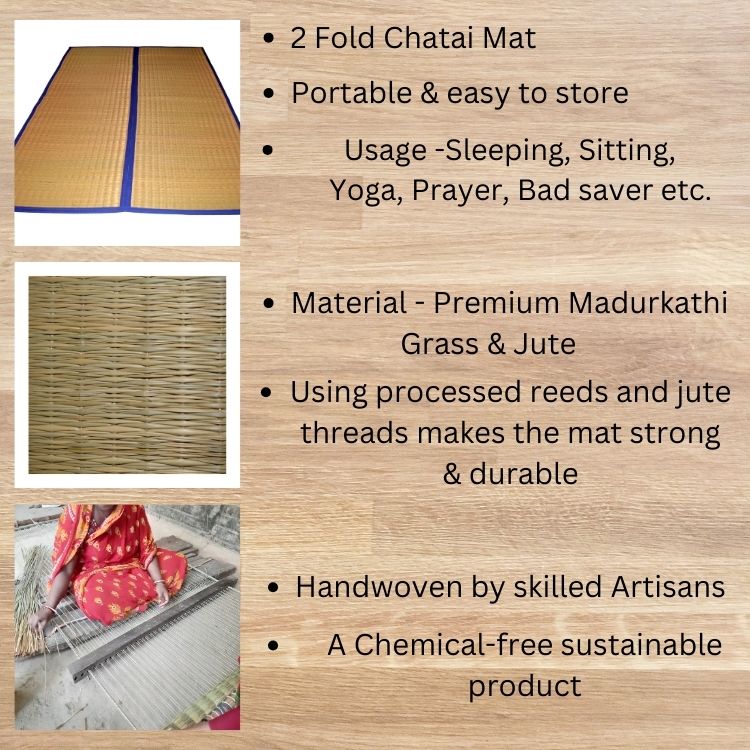 Chatai mat rolled and secured with cotton straps for portability