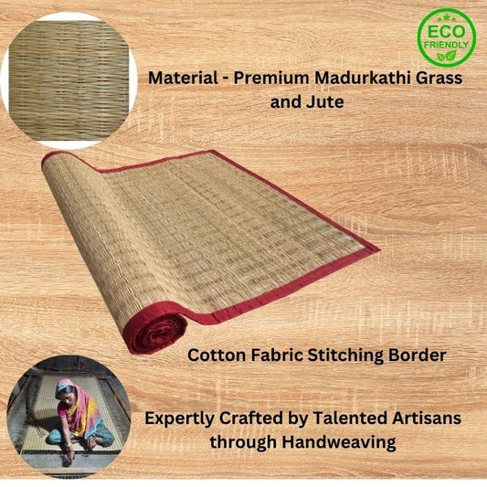 Hastasilpa Boho Floor Mat – Madurkathi Grass & Jute Chatai | Handmade Indian Mat for Outdoor, Yoga & Home Décor (24 X 70 Inches)