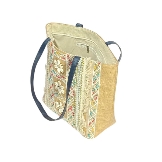 Women's Handcrafted Jute Shoulder Bag – Eco-Friendly with Genuine Leather Strap, Cotton-Lined, Zipper Closure – Stylish Tote for Shopping, Office, Beach & Outings